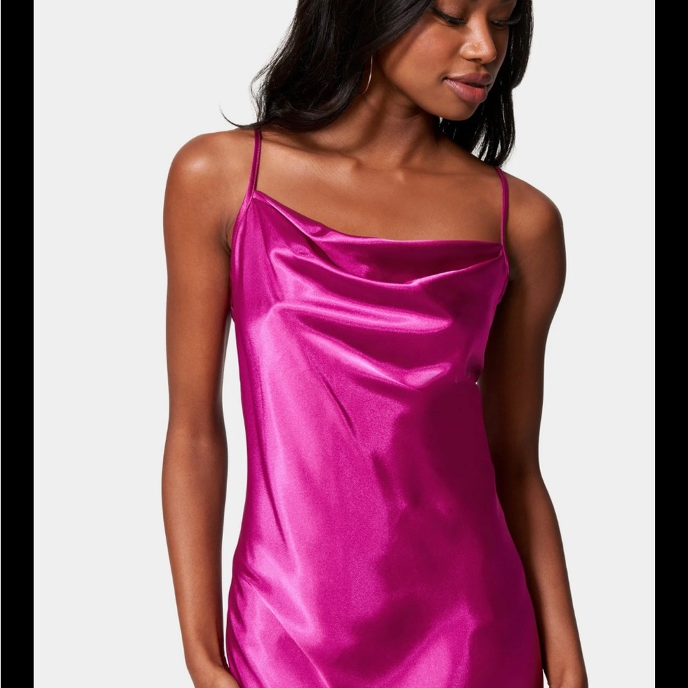 BEBE SATIN COWL NECK SLIP MIDI DRESS